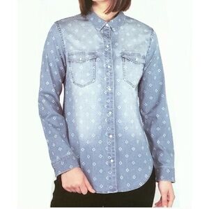 Tahari shirt Pearl Snap Button Printed Faded Chambray Jean Shirt Cotton Stretch